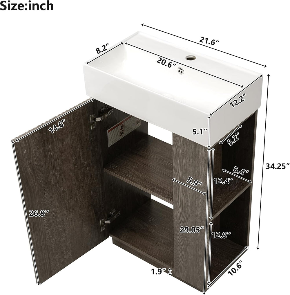 JIVOIT Bathroom Vanity with Ceramic Sink, 21.6" Bathroom Cabinet with Op...
