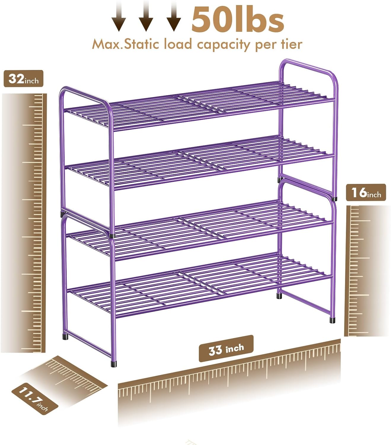 SUFAUY 2-Tier 33" Wide Shoe Rack Closet Metal Wire, Stackable, Purple