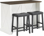Crosley Furniture Clifton Kitchen Storage Island, Microwave Stand, Coffee Bar and Set of 2 Upholstered Saddle Stools, Distressed White/Black