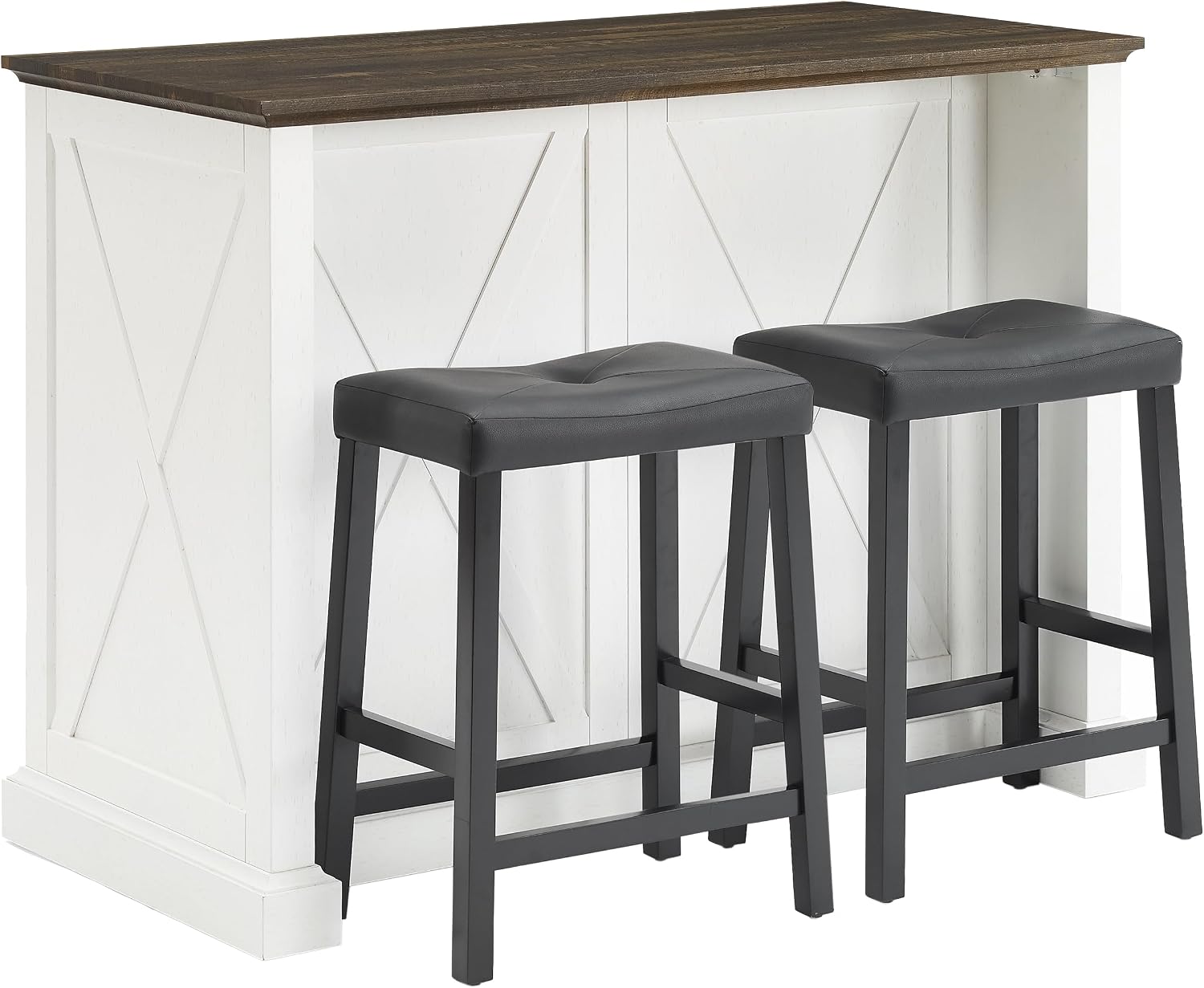 Crosley Furniture Clifton Kitchen Storage Island, Microwave Stand, Coffee Bar and Set of 2 Upholstered Saddle Stools, Distressed White/Black