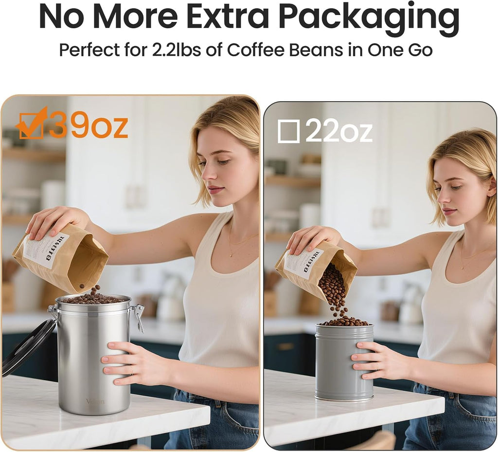 Veken Coffee Canister, 39OZ Large, Airtight Stainless Steel Food Storage Container for 2.2lbs Coffee Beans, Ground, Sugar, Tea, Flour, Cereal, Kitchen Bar Accessories with Date Tracker & Scoop, Silver