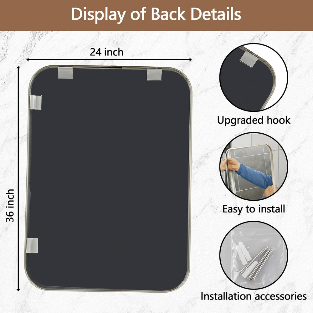 24x36 Inch Brushed Nickel Bathroom Mirror, Framed Rectangle Mirror with Round...