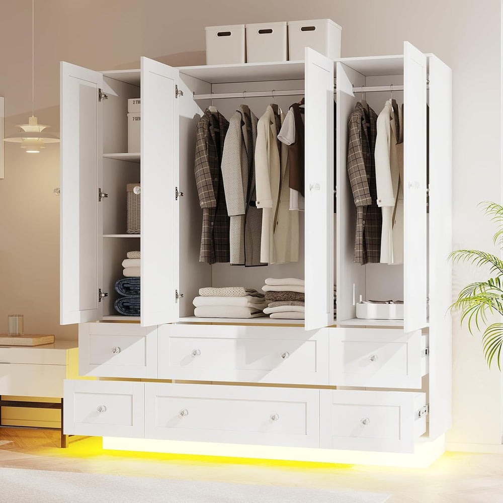 VOWNER Wardrobe Closet with 4 Doors Bedroom Armoire with Mirror & 6 Drawers