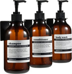MaisoNovo Shampoo and Conditioner Dispenser - Shower Soap Dispenser Wall Mounted - 16.9 fl oz Set of 3 Amber Plastic Bottles Black Pump - 3 Chamber No Drill
