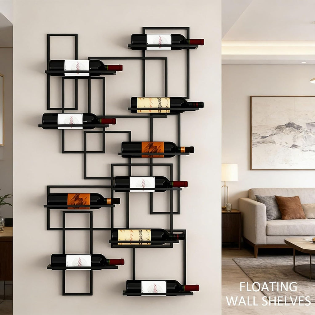 Geometric Wall Mounted Wine Rack, Wall Display Shelf Space Saving, Modern Floating Bottle Organizer for Kitchen, Bar, Living Room