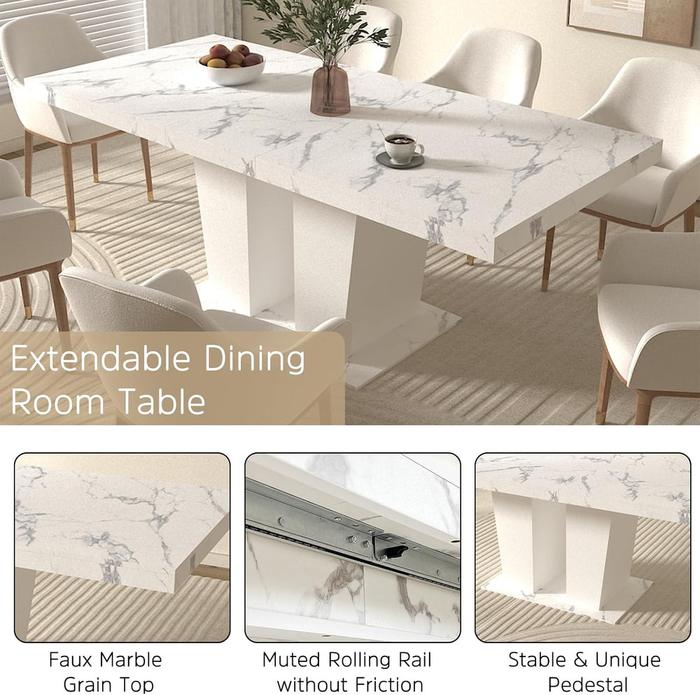 Henf 7 Pieces Faux Marble Dining Table Set for 6, 63"-79" Extendabl...