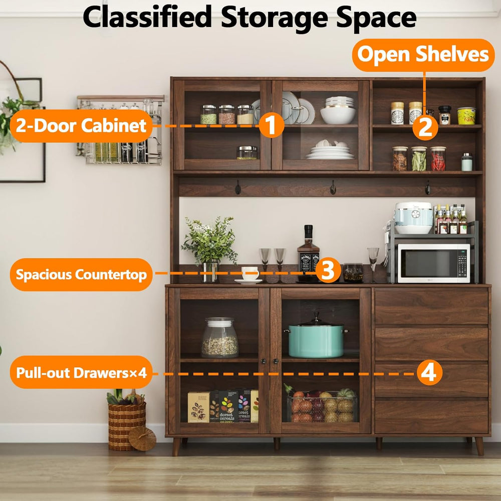 63” Kitchen Pantry Cabinet with Microwave Shelf & Countertop, Freestandin...