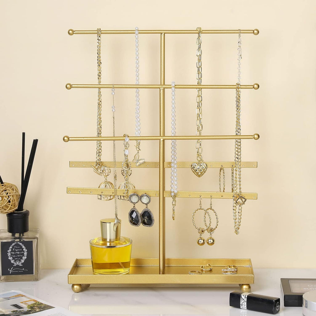MyGift 5-Tier Gold Metal Jewelry Organizer Stand with Earring Hooks & Ring Tray - T-Bar for Tangle-Free Necklace Bracelet Display - Home Store Boutique (16.25" H)