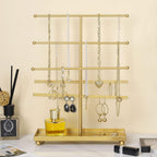 MyGift 5-Tier Gold Metal Jewelry Organizer Stand with Earring Hooks & Ring Tray - T-Bar for Tangle-Free Necklace Bracelet Display - Home Store Boutique (16.25" H)