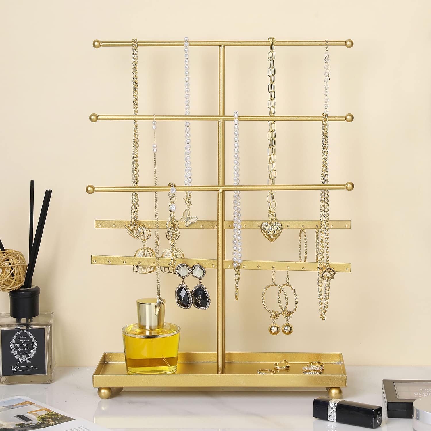 MyGift 5-Tier Gold Metal Jewelry Organizer Stand with Earring Hooks & Ring Tray - T-Bar for Tangle-Free Necklace Bracelet Display - Home Store Boutique (16.25" H)