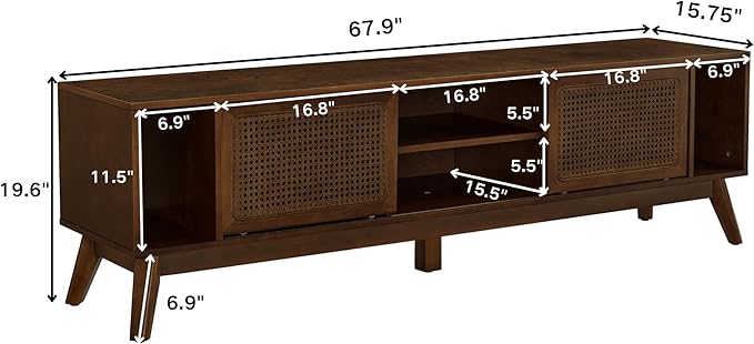LKTART 68 Inch Mid Century Modern TV Stands with Rattan Doors,MCM Entertainment Center Media Console for 60/65/70/75 inch TVS,Long Boho Television Stand for Living Room, Dark Walnut