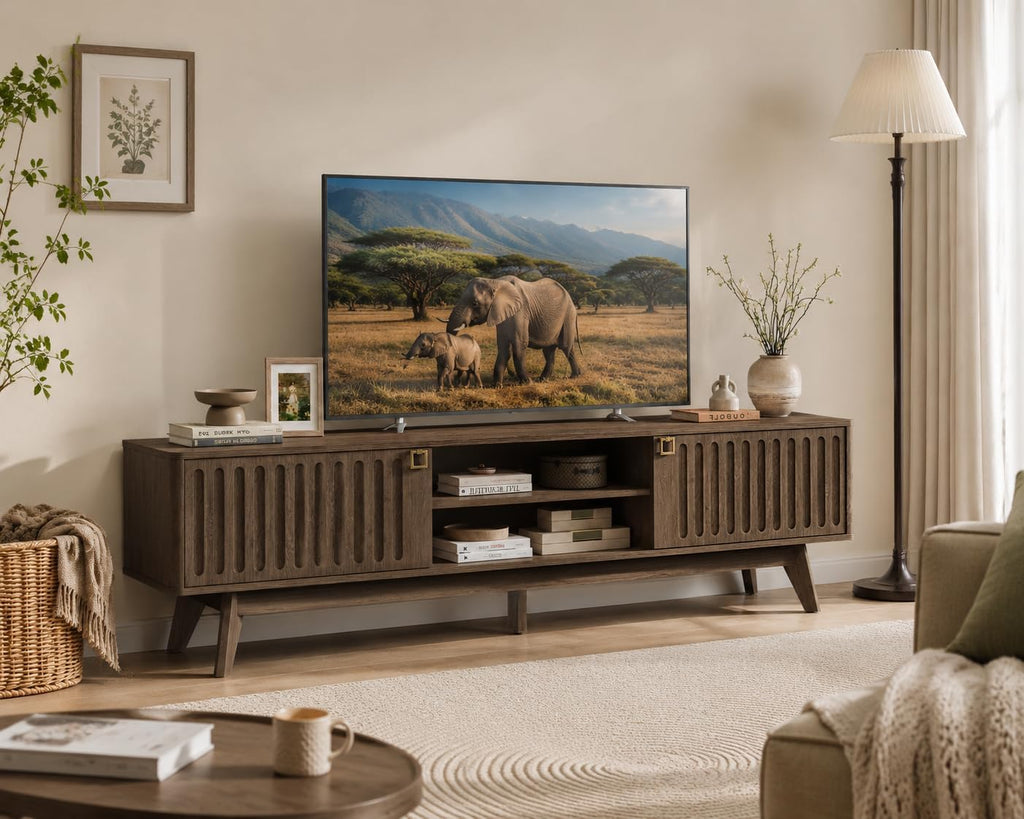 SICOTAS 70" Long TV Stand for Living Room, Modern TV Stand Entertainment Center with 2 Storage Cabinets, Mid Century Fluted-Door Media Console Table for 50/60/70/80 Inch TV, Coffee Oak