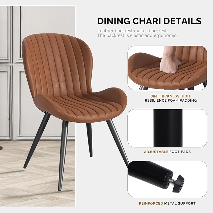 Nalupatio Dining Chairs Set of 6, Modern Dining Room Chairs Comfy Backrest Thick Upholstered Kitchen Chairs 19IN Height with Metal Legs Brown