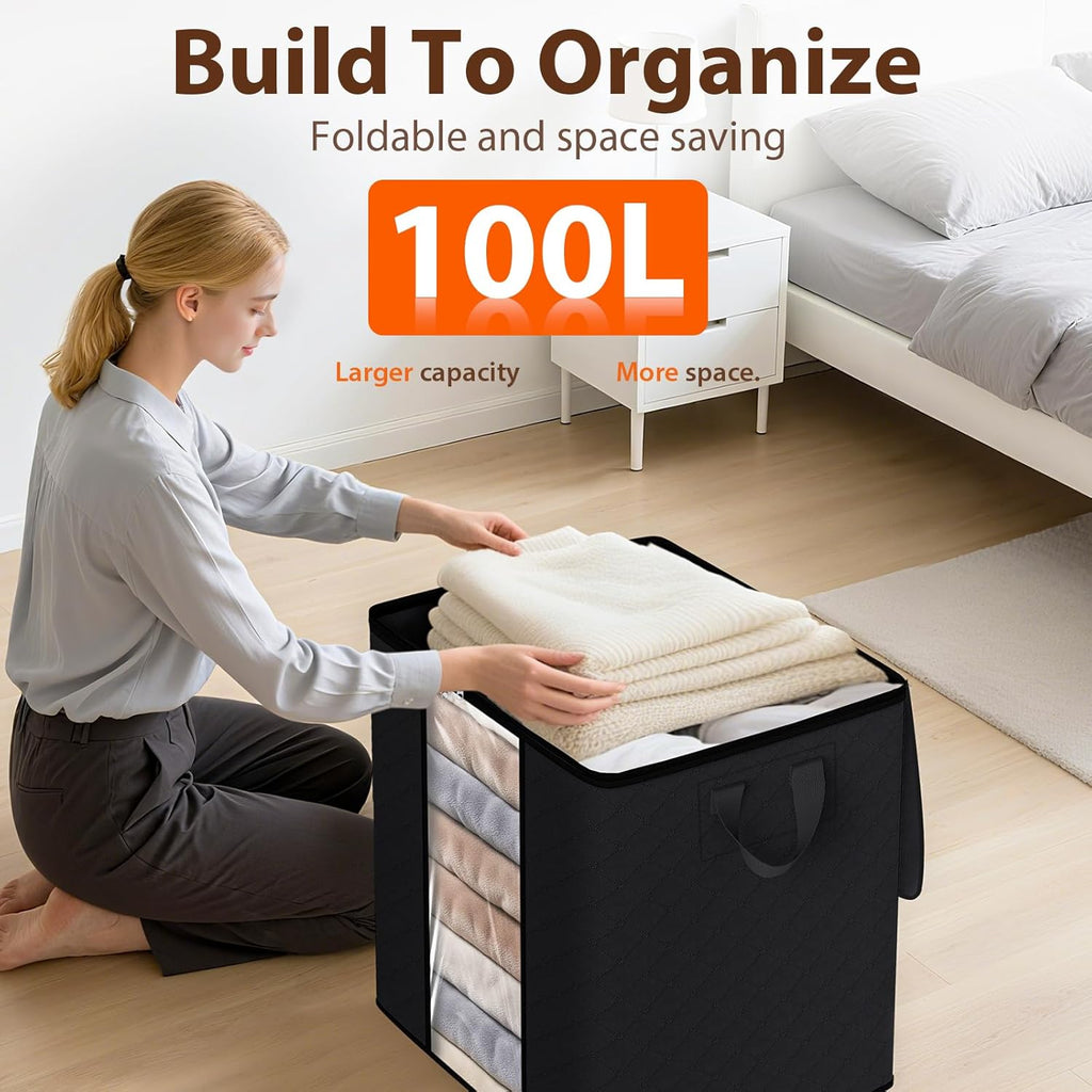 SpaceWhisper 6 Pack 100L Clothes Storage, Foldable Thick Fabric Blanket Storage Bags, Containers for Organizing Bedroom, Closet, Clothing, Comforter,Closet Organization with Handle,Black