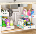 Under Sink Organizer, Extra-Wide Upgrade, 2 Pack 2 Tier Metal Slide Out Cabinet Organizer, Height Adjustable Organization and Storage Series, Bathroom/Cabinet/Kitchen organization, White