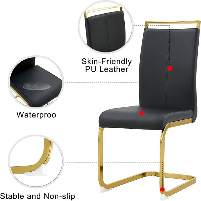 AZmac Modern Leather Dining Chairs Set of 6,Armless Kitchen Chairs,Dining Room Chairs with Upholstered Padded Seat and Sturdy Gold Legs for Dining Room,Kitchen (Set of 6, Black-Gold Leg)
