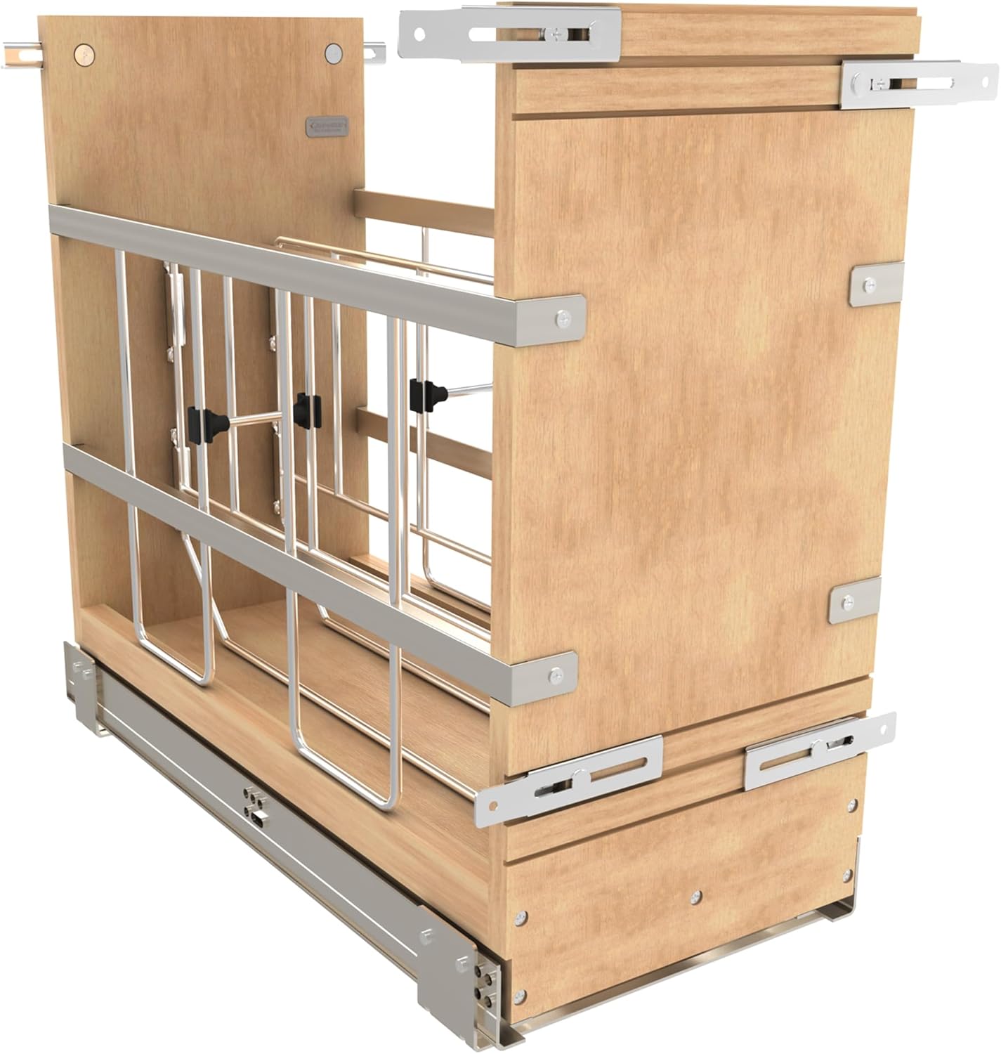 Rev-A-Shelf 8" Pullout Wooden Bakeware Organizer Shelf for Kitchen Cabinets, Pots and Pans Wire Storage Rack w/ Soft-Close Slides, 447-BCSC-8C