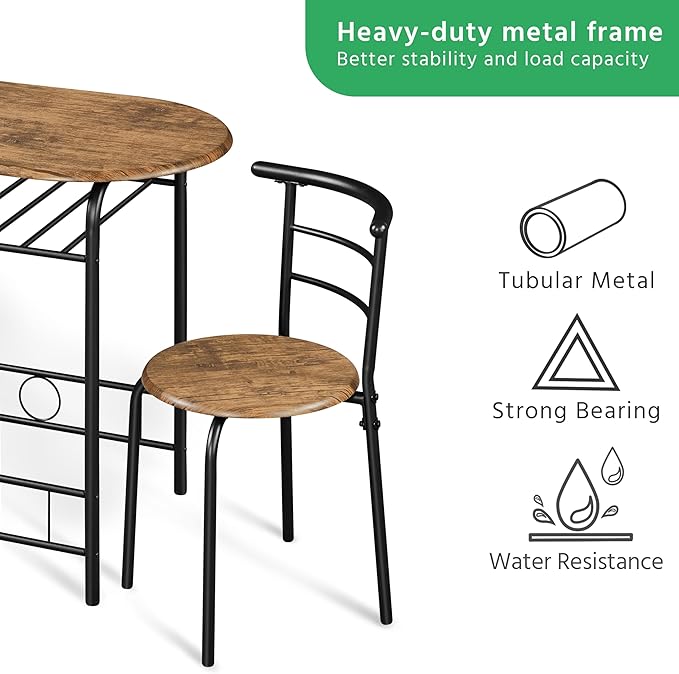 Yaheetech 3-Piece Dining Table Set, Breakfast Bistro Table Set for 2, Small Kitchen and Table Chairs Set of 2 with Metal Frame and Storage Rack for Small Space/Apartment/Dorm Room, Brown