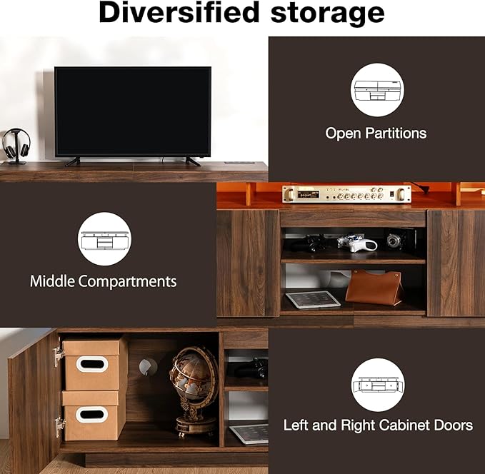 HOMMPA 70 Inch LED TV Stand with Power Outlets for 70/65/60/55 inch TV Gaming Entertainment Center with Storage Modern Industrial TV Cabinet Media Console for Living Room Bedroom Walnut