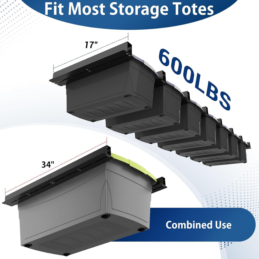Overhead Garage Storage Rack, Heavy Duty Ceiling Storage Rack, 17 Inch Adjustable Overhead Tote Storage Rail System, 8 Sets for 7 Bins