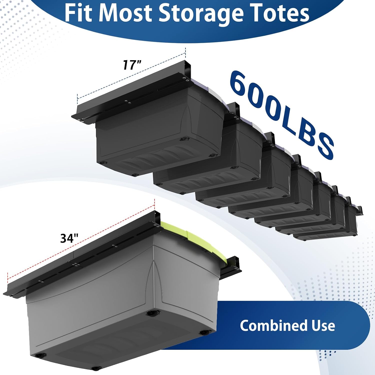 Overhead Garage Storage Rack, Heavy Duty Ceiling Storage Rack, 17 Inch Adjustable Overhead Tote Storage Rail System, 8 Sets for 7 Bins