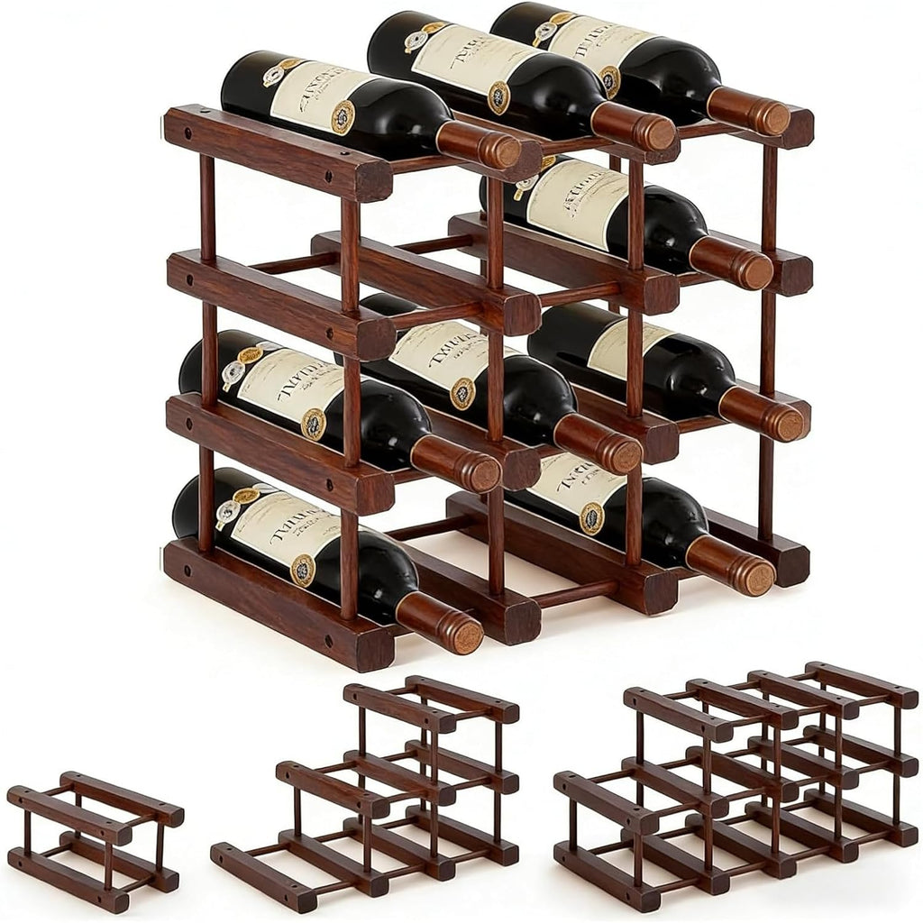 12 Bottle 4 Tiers Wooden Wine Rack for DIY Assembly, Great Gift | Stackable Modular Wine Rack, Wine Bottle Holder for Inside Cabinet Counter and Bar Organizer