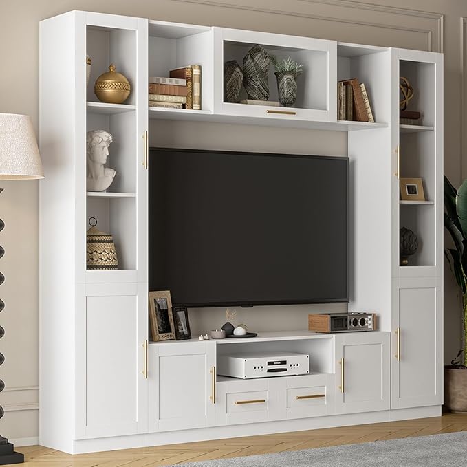 4-Piece Wall Unit TV Stand for TVs Up to 70", Modern Entertainment TV Wall Unit with Shelves, Large Wall Media Center for Living Room, White