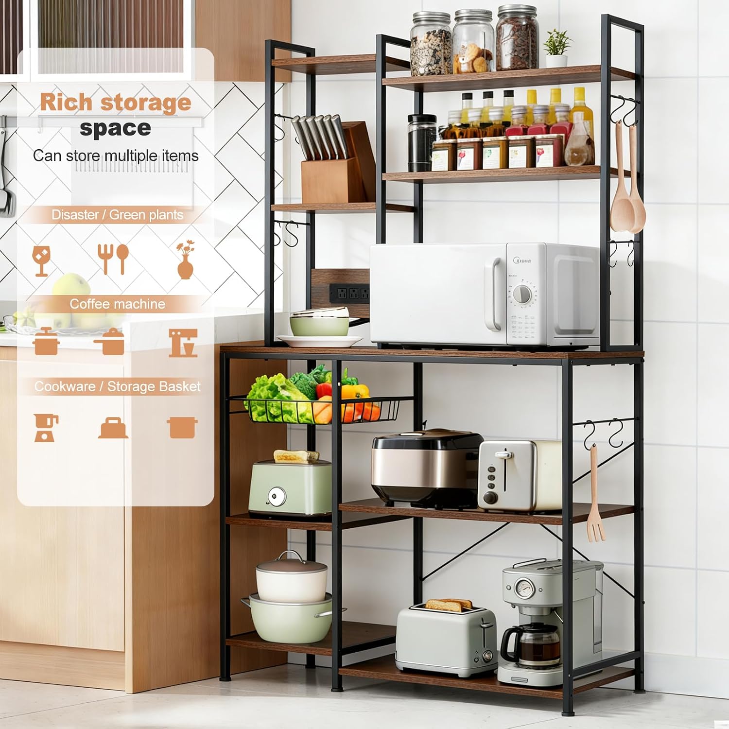 Luckyeestar Bakers Rack with Power Outlet - 6 Tier Microwave Stand with Storage, 35.4 inches Kitchen Shelf with Wire Basket and 12 S Hooks,Coffee Bar Shelf, Adjustable Feet, Rustic Brown Cabinet