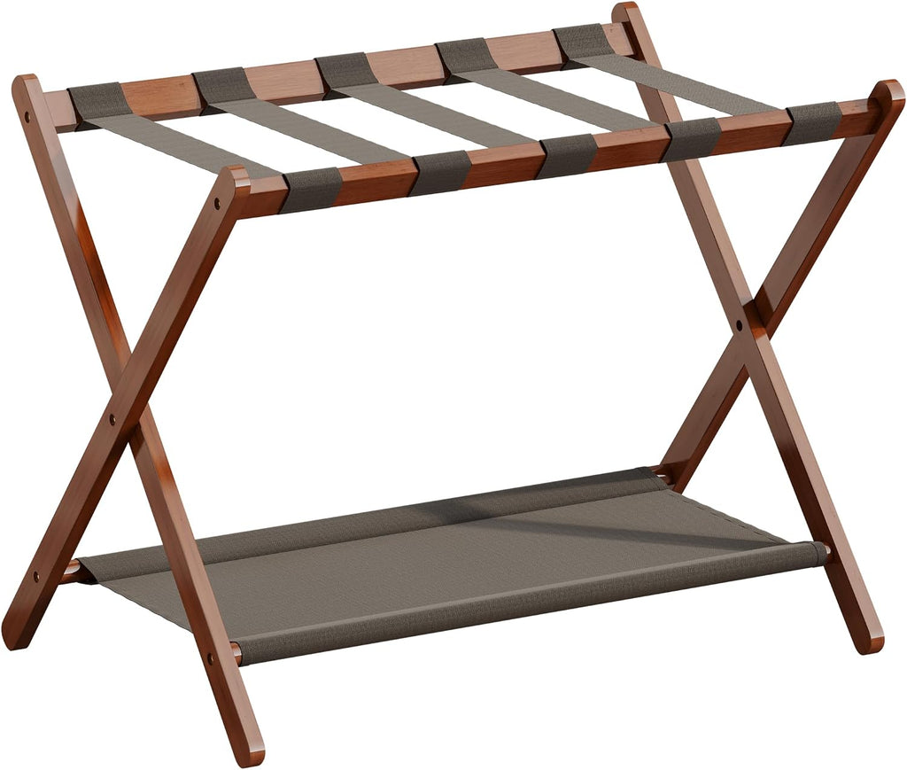 BAMBOOHOMIE Bamboo Luggage Rack for Guest Room, 26.77" Folding Wide Suitcase Stand with Fabric Storage Shelf, Thickened Luggage Stand Holder for Bedroom Hotel, Luggage Rack for Suitcases (1 Pack - Brown)