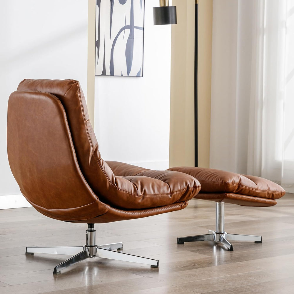 HNY Brown Swivel Lounge Chair with Ottoman Modern PU Leather Accent Chair wit...