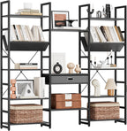 NUMENN Bookcases and Bookshelves Triple Wide 5 Tier Bookshelf, Large Etagere Bookshelf with Storage Drawer, Adjustable Open Display Shelves for Living Room, Bedroom, Home Office, Black