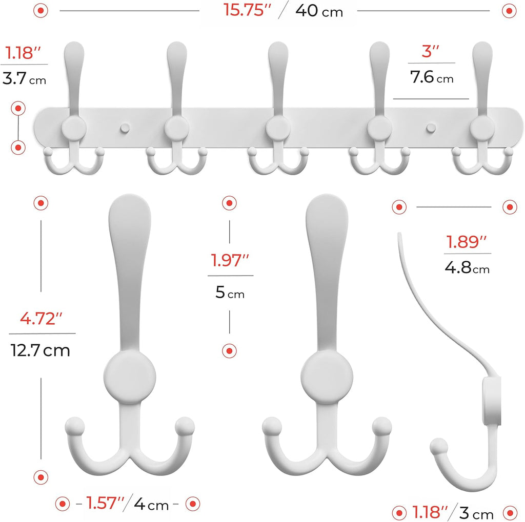 Coat Rack Wall Mount with 5 Tri Hooks, Stainless Steel 16 Inch – White Matte Finish, Heavy Duty Wall Mounted Hook Rack for Coats, Hats, Towels, Scarves, Robes, Bags, Entryway & Bathroom