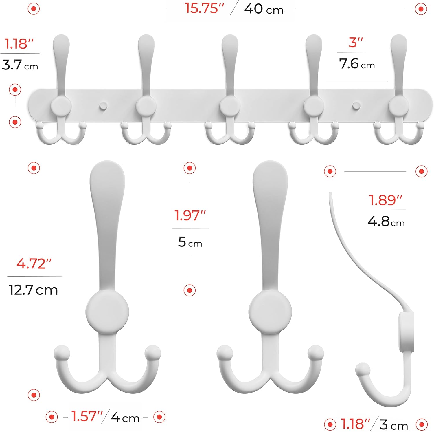 Coat Rack Wall Mount with 5 Tri Hooks, Stainless Steel 16 Inch – White Matte Finish, Heavy Duty Wall Mounted Hook Rack for Coats, Hats, Towels, Scarfs, Robes, Bags, Entryway & Bathroom