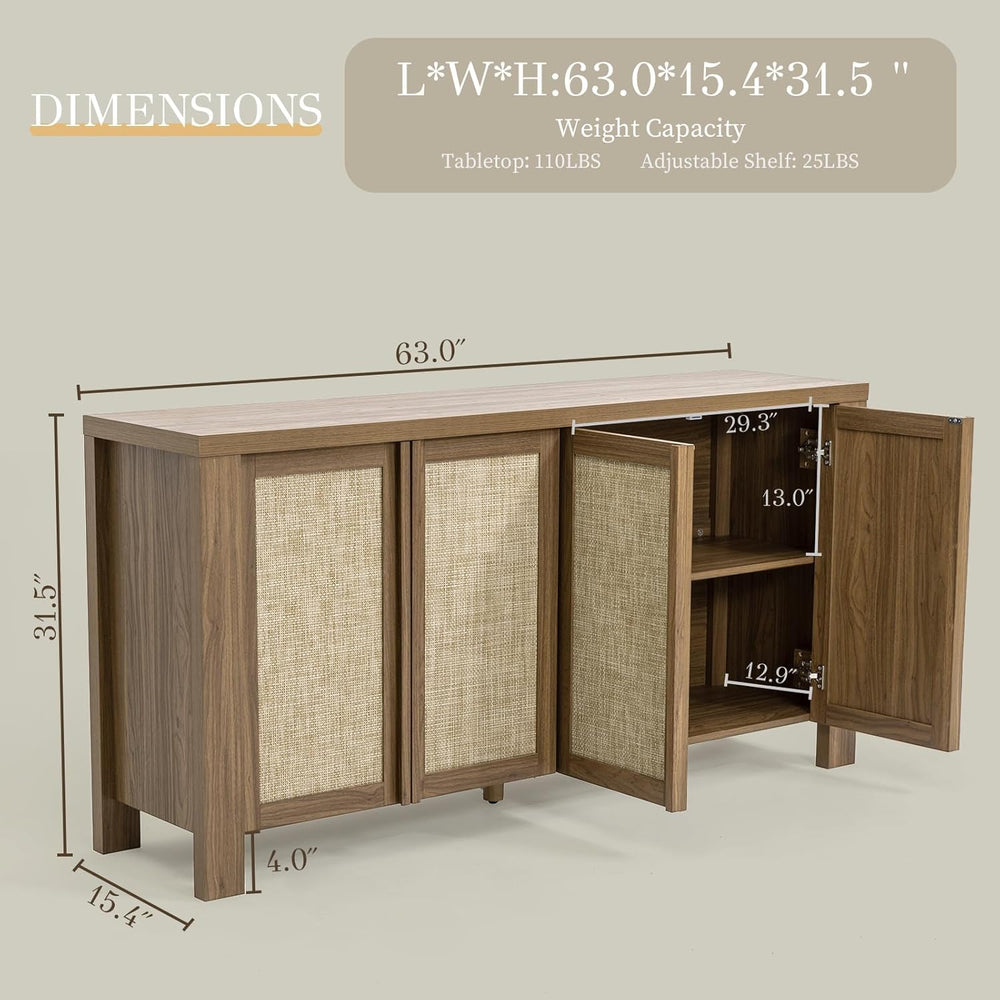 Yechen Buffet Cabinet with Storage, 63" Wide Sideboard with Solid Wood H...