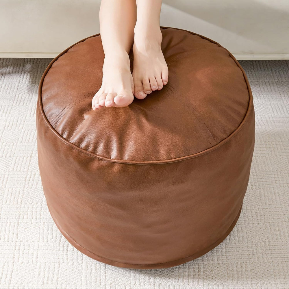 HIGOGOGO Round Stuffed Pouf Ottoman, Pu Leather Poufs with Foam Chunk Filling...
