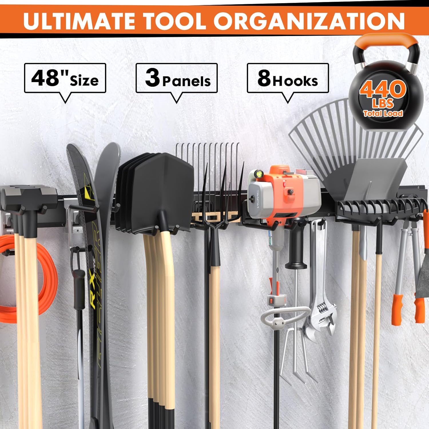 48-Inch Heavy Duty Garage Tool Organizer, Wall Mount Storage System with Adjustable Metal Hooks, 440lbs Capacity, Ideal for Garden Tools, Shovels, Rakes, Brooms, Ladders (48‘’ Metal Hooks)