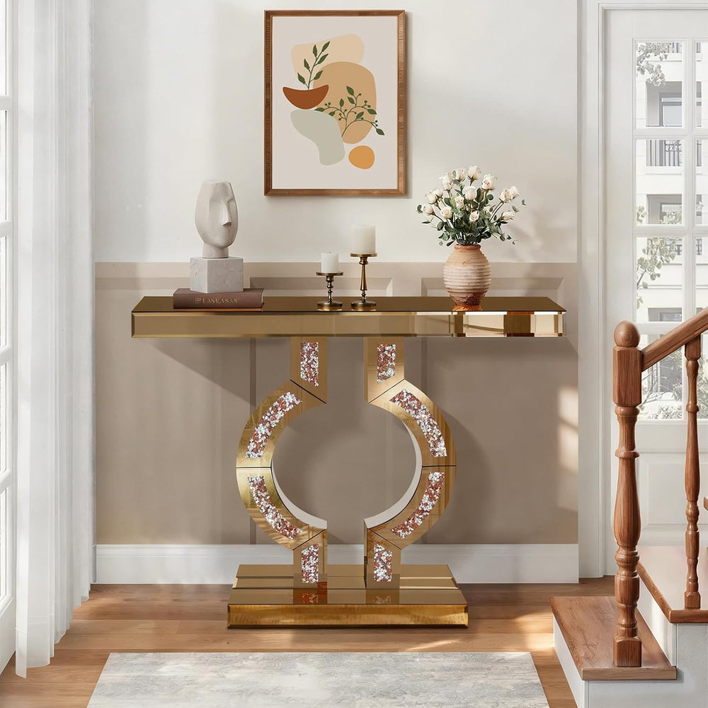 Tea-Colored Mirrored Console Table with Crushed Diamond Inlay, 39.4''...