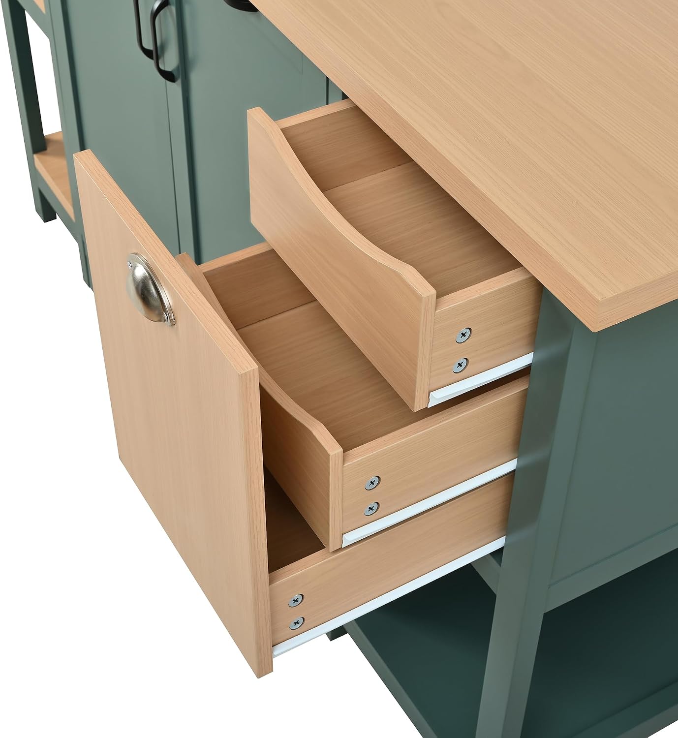 Christopher Knight Home Aaron 58" Kitchen Island with Storage, Modern Island Table for Kitchen, Storage Cabinet with Open Shelves, Wooden Kitchen Prep Table, Coffee Station Cabinet, Green+Natural