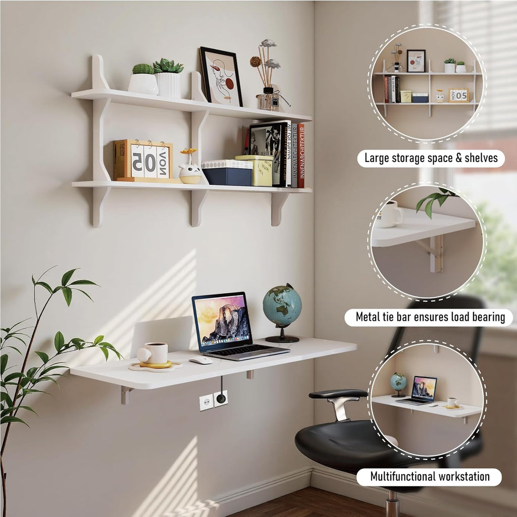 Pmnianhua Wall Mounted Folding Table, 47'' Floating Laptop Desk with Shelves, Foldable Drop Leaf Table, Wall Mount Fold Down Table for Laundry Room Kitchen Bar Home Office Small Space(White)