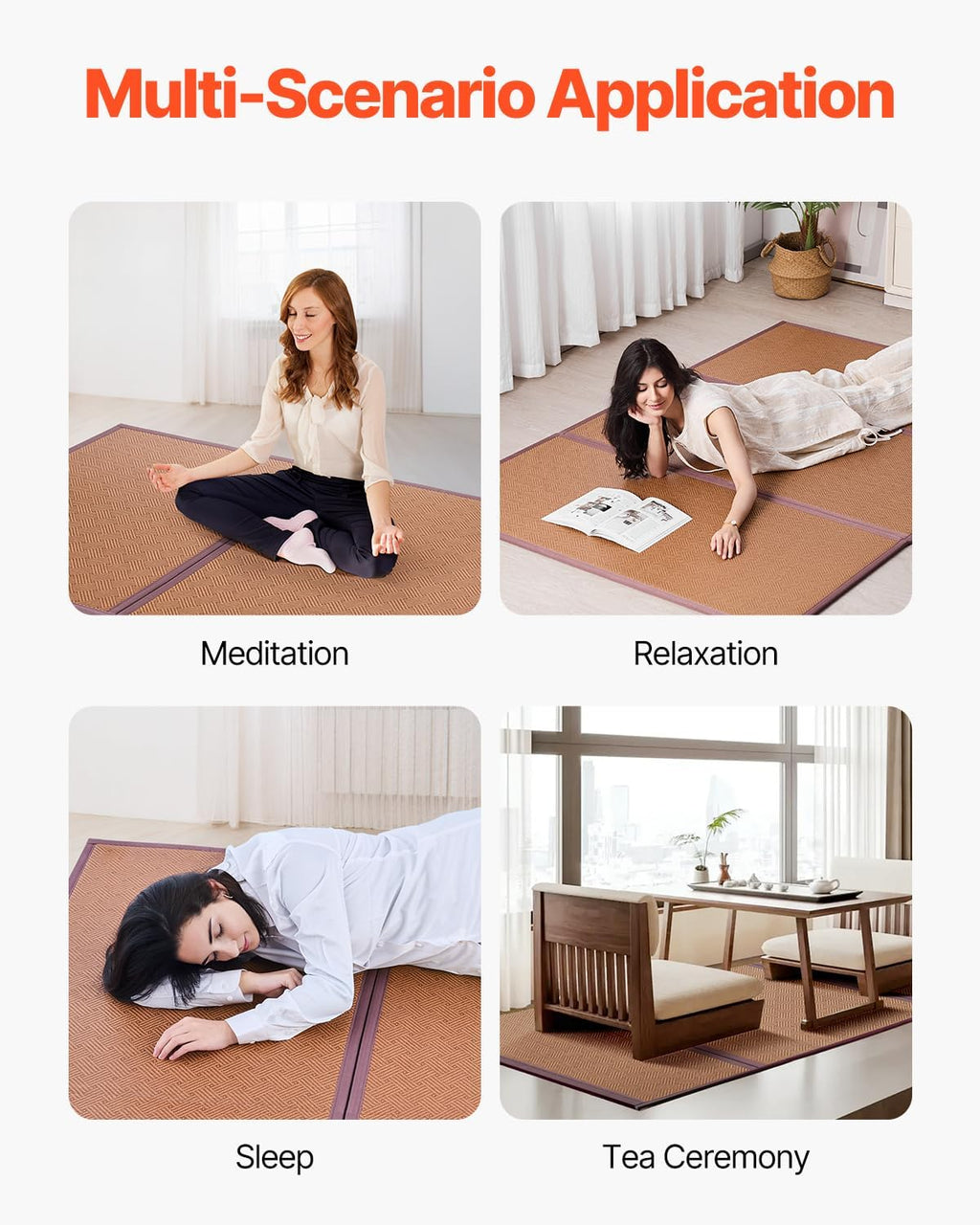 VEVOR Japanese Tatami Mat, Full XL - 55'' X 80'' Foldable Handwoven Rattan Tatami Mat, Non-Slip & Easily Cleaned Tatami Mattress, Summer Breathable Tatami for Sleeping, Meditation, Yoga