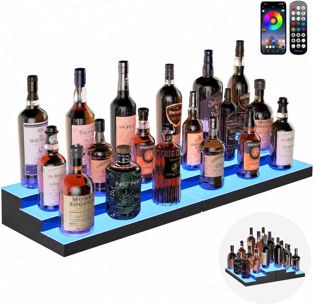 LED Illuminated Bar Bottle Display Rack, 3-Tier 32" Multi-Color Whiskey ...