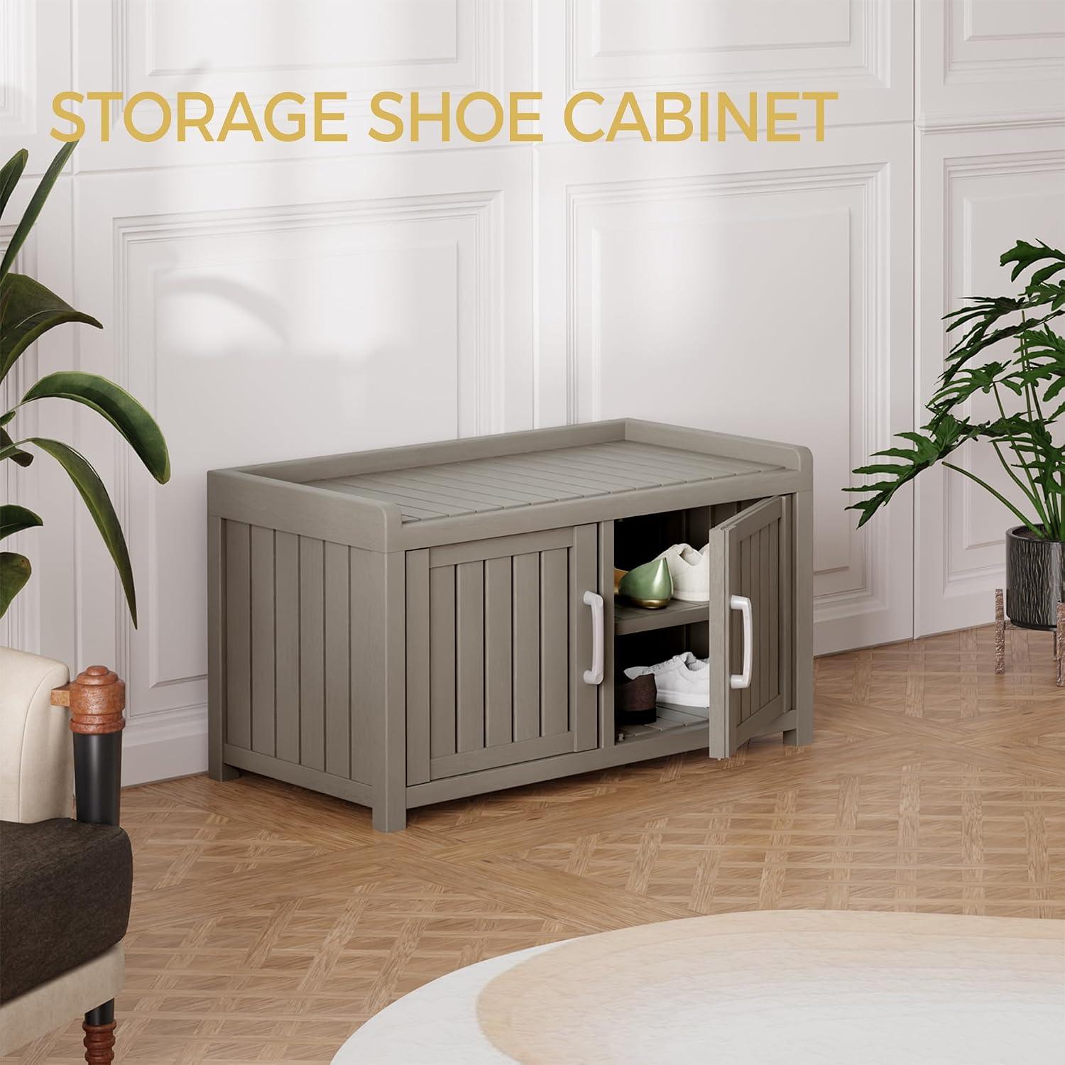 Storage Bench - 2 Doors Waterproof Resin Shoe Bench with Adjustable Shelves - Indoor & Outdoor Use, Entryway Bench with Seating for Bedroom, Living Room, Hallway - Grey