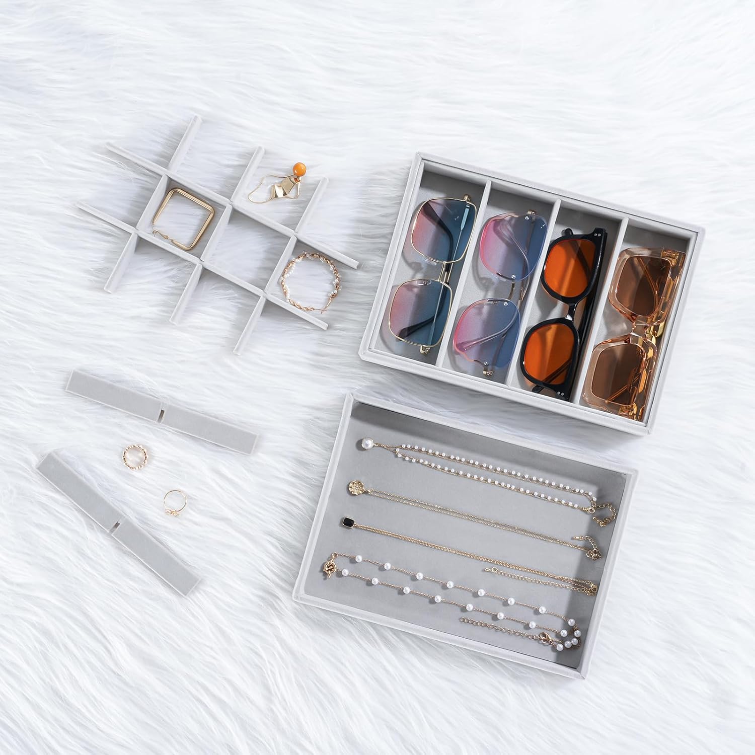 ProCase Stackable Jewelry Organizer Trays for Drawers, Jewelry Drawer Inserts Container Display Case Storage for Earring Necklace Ring Bracelet Sunglasses Glass -Grey, 4 Layers