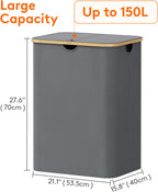 Lifewit 150L Laundry Basket with Lid, Clothes Hampers for Laundry with Bamboo Handles and 2 Removable Bags, Large Foldable Laundry Hamper for Bedroom, Bathroom, Dorm, Grey