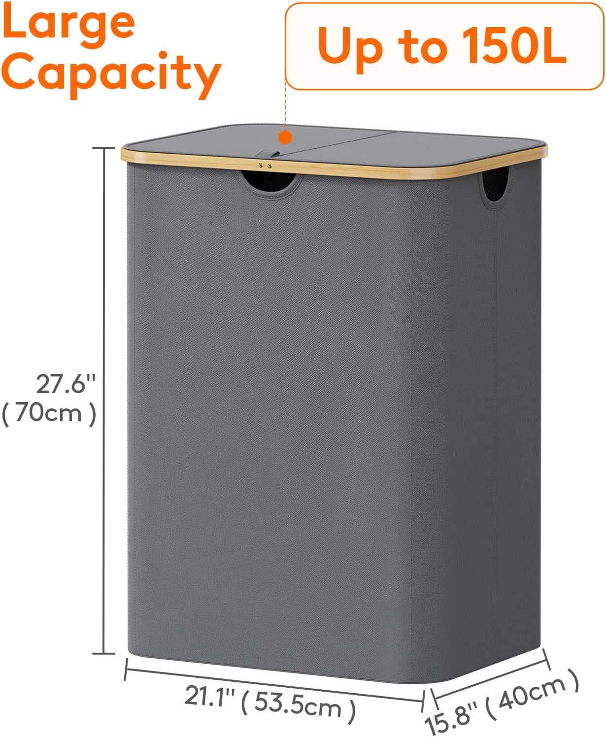 Lifewit 150L Laundry Basket with Lid, Clothes Hampers for Laundry with Bamboo Handles and 2 Removable Bags, Large Foldable Laundry Hamper for Bedroom, Bathroom, Dorm, Grey