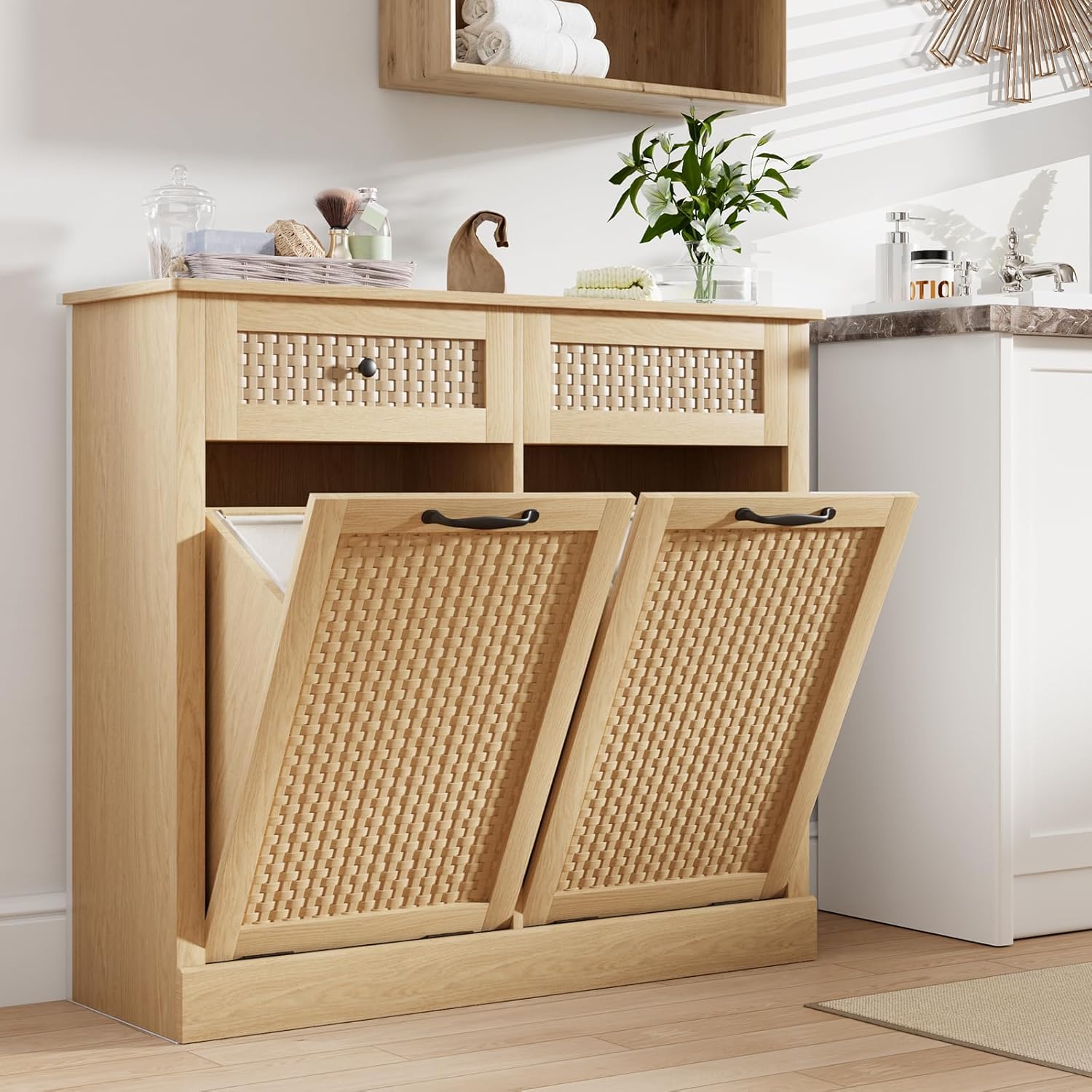Double Tilt Out Laundry Hamper Cabinet,10 Gallon Laundry Cabinet with Drawers ＆ 2 Hidden Baskets, Farmhouse Storage Basket for Laundry Room, Bathroom, Kitchen, Wood