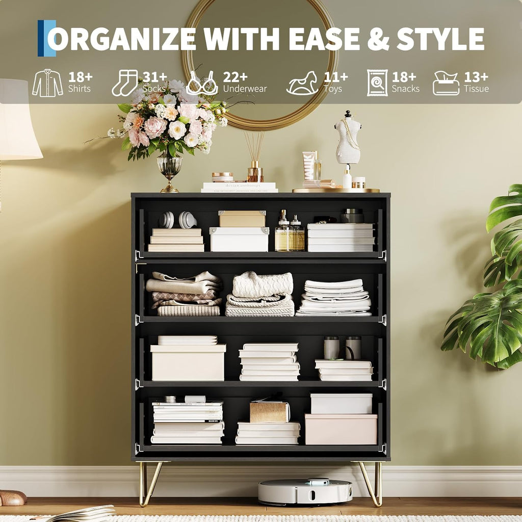 Garvee Fluted Dresser for Bedroom with 4 Drawers,32" Wide Modern Chest of Wooden Bedroom Chest with Metal Handle,Wide Clothes Storage Organizer,Closet Dresser & TV Stand for Living Room,Hallway,Black