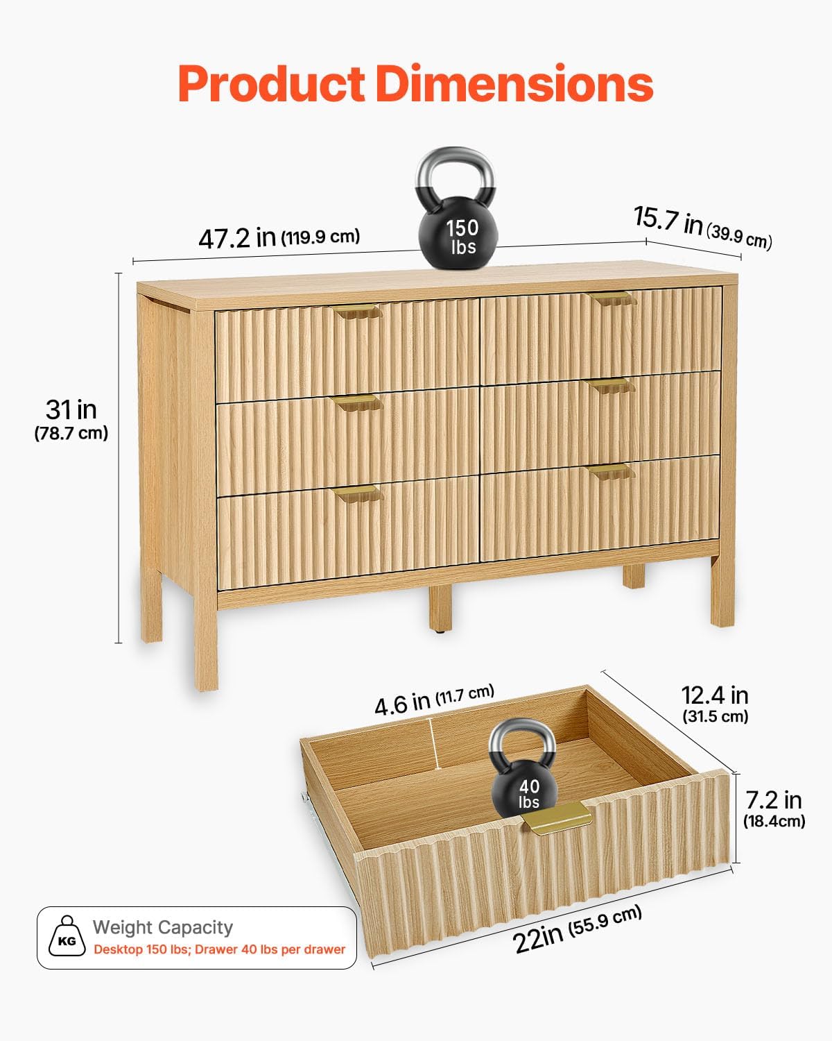 VEVOR Fluted Dresser with 6 Drawer, 47" Wide Chest of Drawers with Golden Metal Handle, Modern Closet Dresser TV Stand, Boho Wood Storage Organizer for Bedroom, Living Room, Hallway, Entryway, Natural