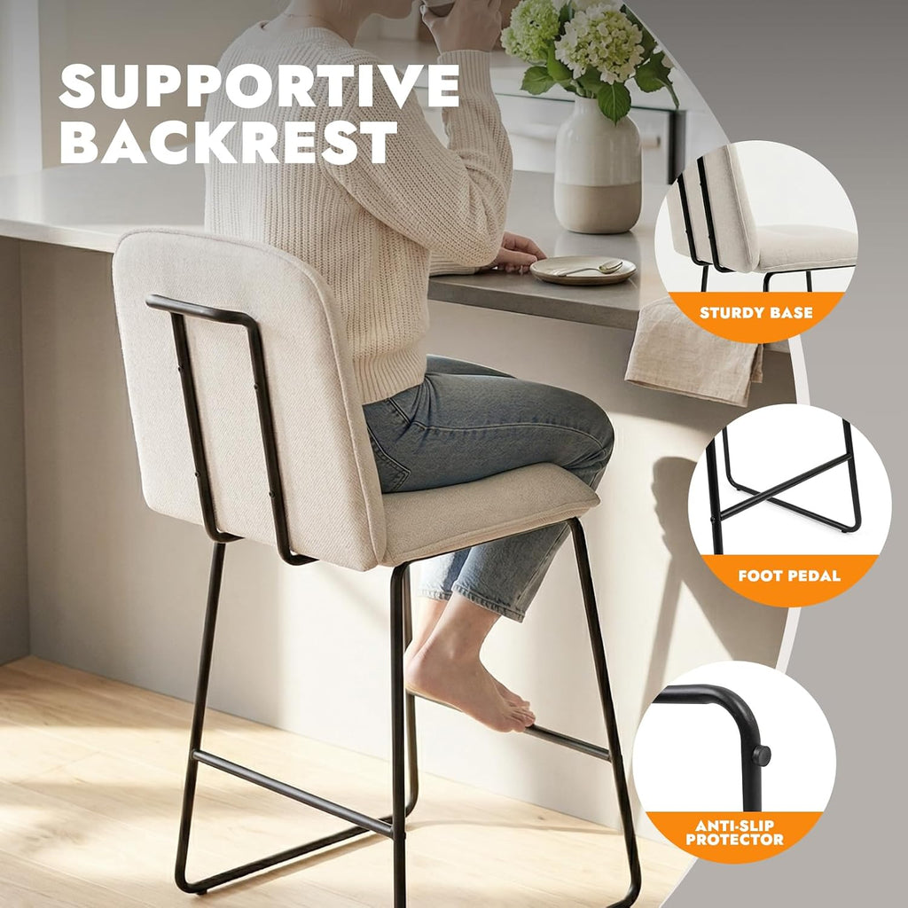 Bar Stools Set of 3, 26" Counter Height Bar Stools with Back, Modern Linen Fabric Upholstered Barstools with Metal Frame & Footrest for Kitchen Island, Home Bar,Beige