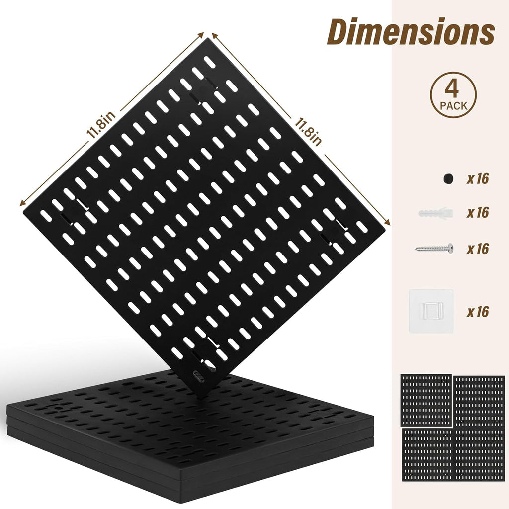 AKTOP Peg Board Wall Organizer 4-Pack – 12"x12" Black Pegboard Panels for Walls, Plastic Desk Wall Mount Tool Organization for Home, Office, Garage Tool Storage & Craft Room